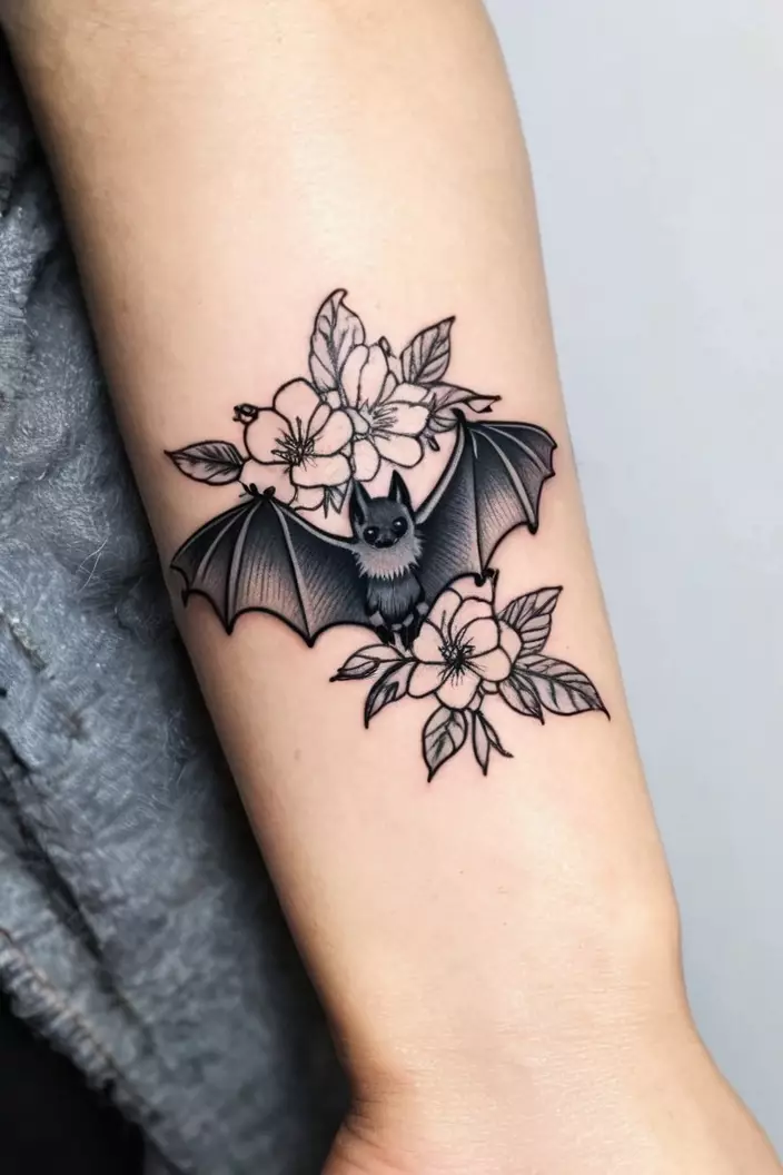 A close-up photo of a woman showing her cute black and gray bat tattoo with flowers, delicately designed on her wrist.  