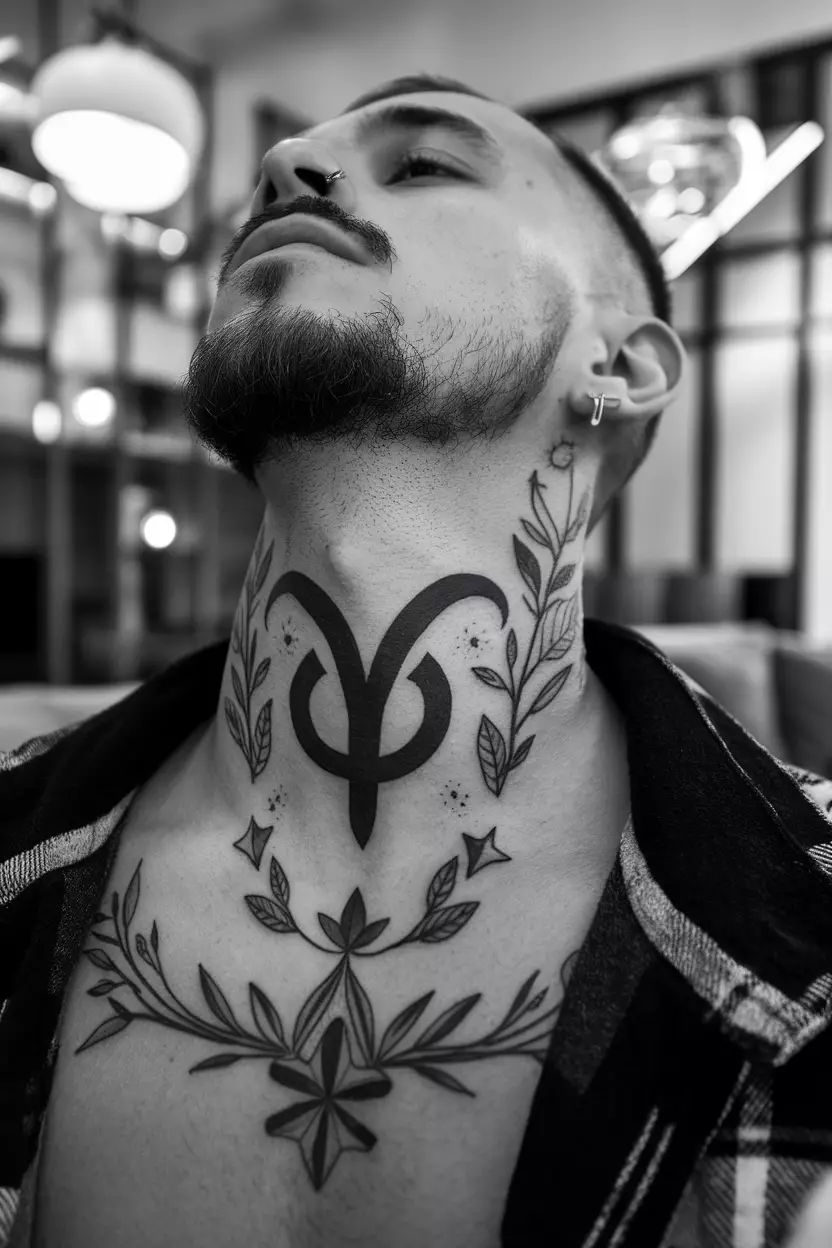 A close-up photo of a man showing his striking neck tattoo featuring the Taurus symbol surrounded by decorative elements like stars and vines, captured in a trendy living room filled with stylish accents and soft lighting that enhances the boldness of the design.