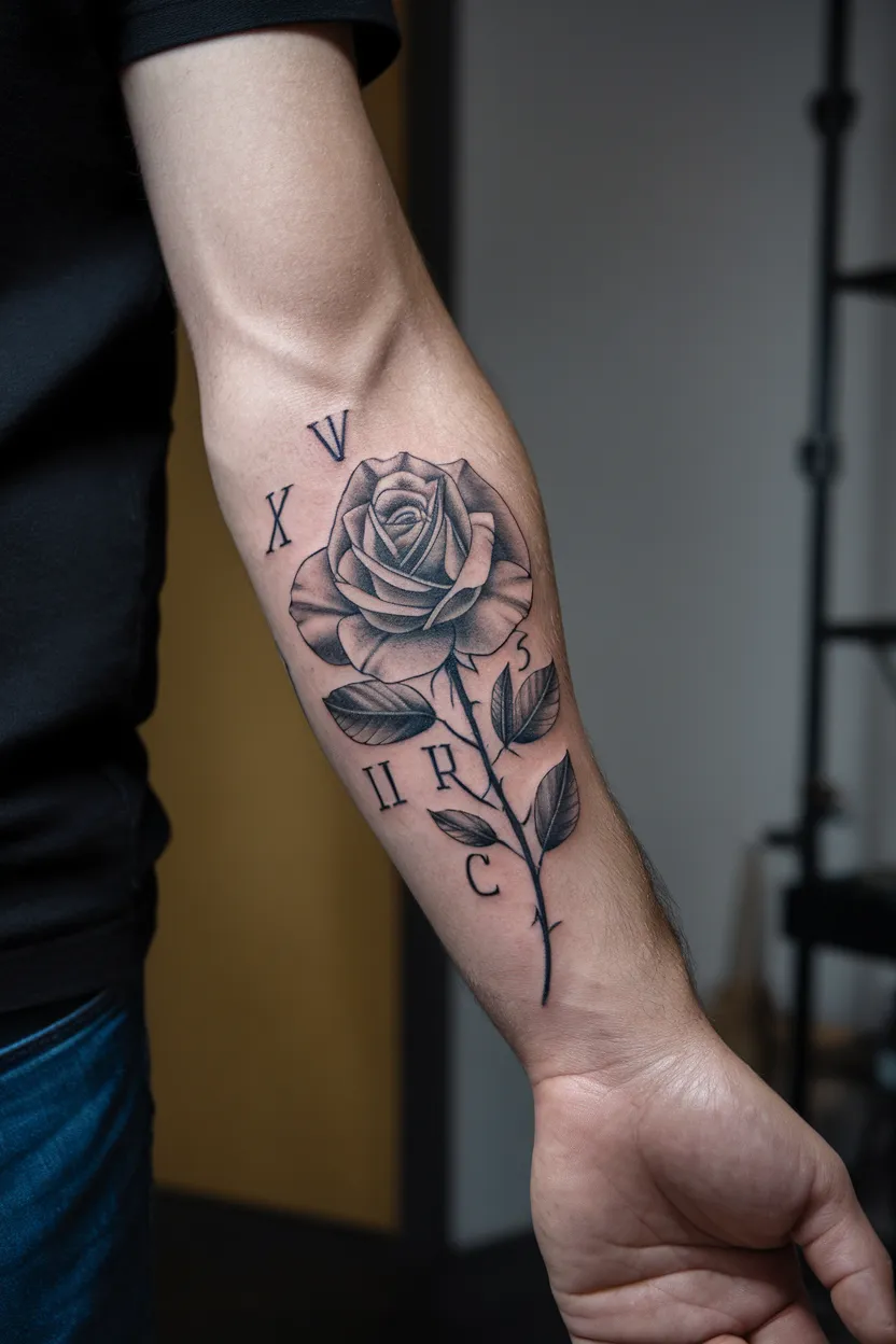 Roman Numeral Rose Tattoo