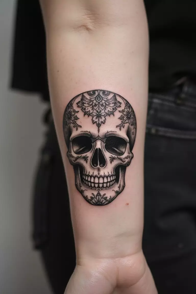 A close-up shot of a woman's arm with a black ink tattoo of a detailed, ornate sugar skull with floral patterns.