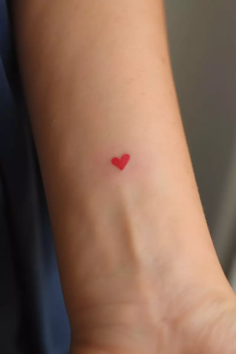 A close up shot of woman's arm with a tiny red heart tattoo, delicate and minimalist