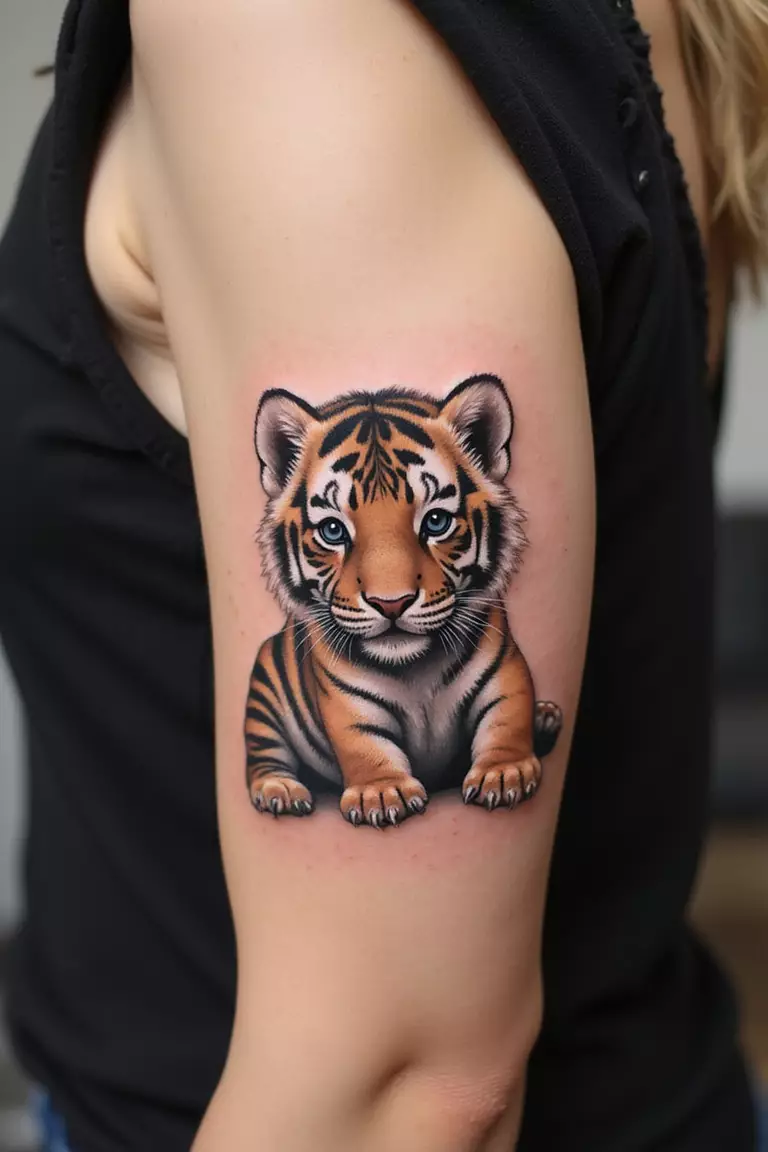 Cute Tiger Cub A close-up shot of a woman's arm with a black ink tattoo of an adorable, playful tiger cub.
