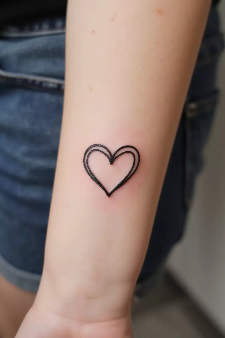 Heart Outline A close-up shot of a woman's arm with a black ink tattoo of a tiny, simple heart outline.