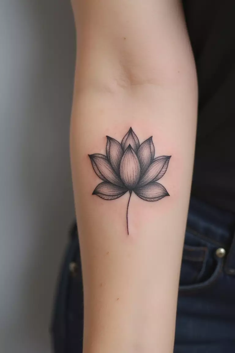 A close-up shot of a woman's arm with a black ink tattoo of an open lotus flower with delicate linework.