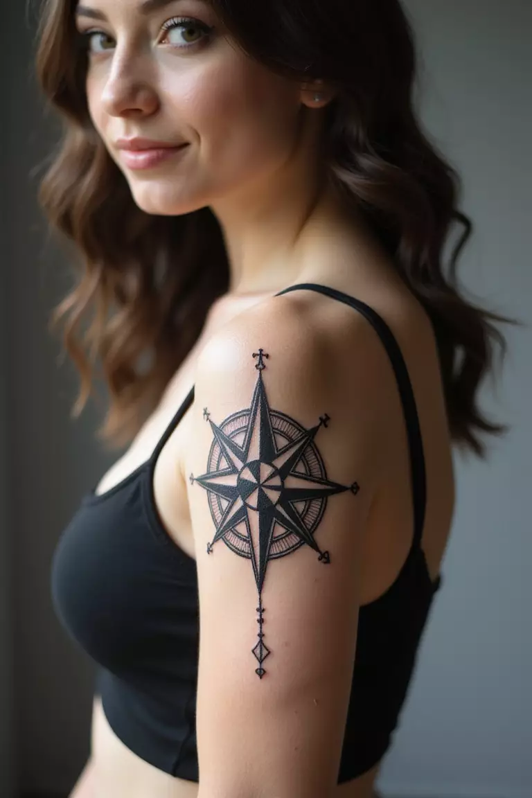 A close-up shot of a woman showing her black ink compass rose tattoo design on her arm