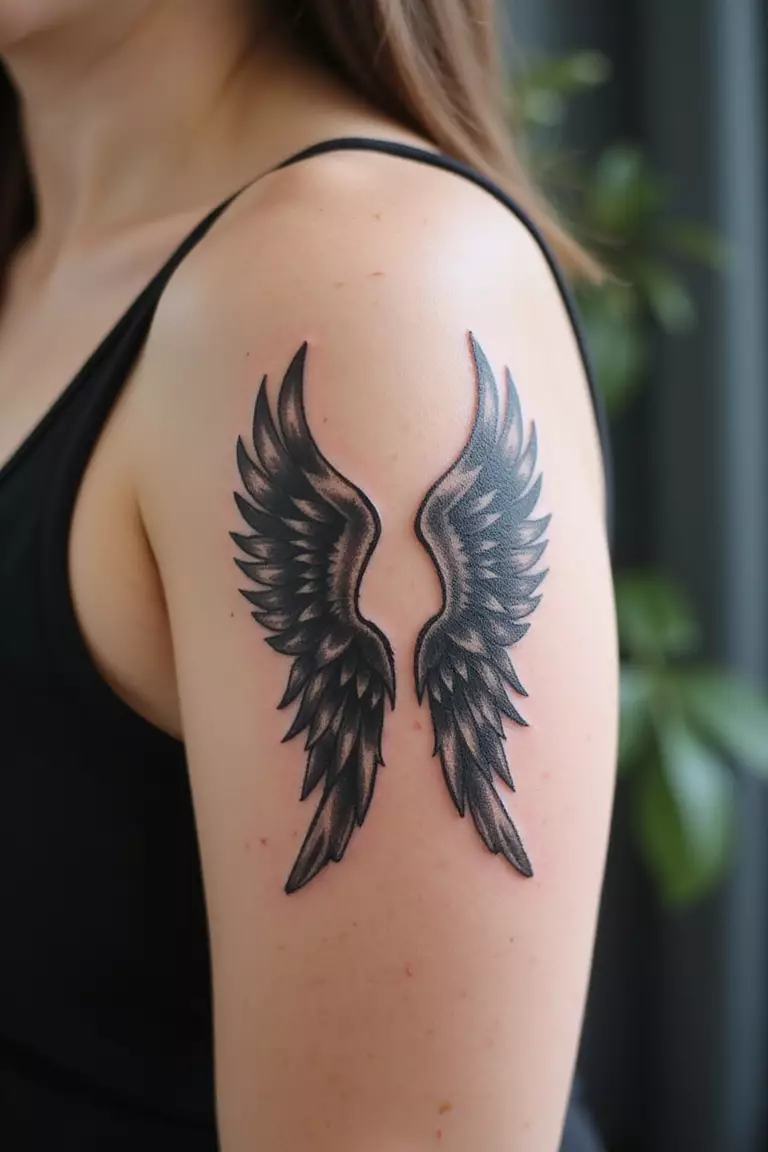 Guardian Angel Wings A close-up shot of a woman's arm with a black ink tattoo of guardian angel wings.