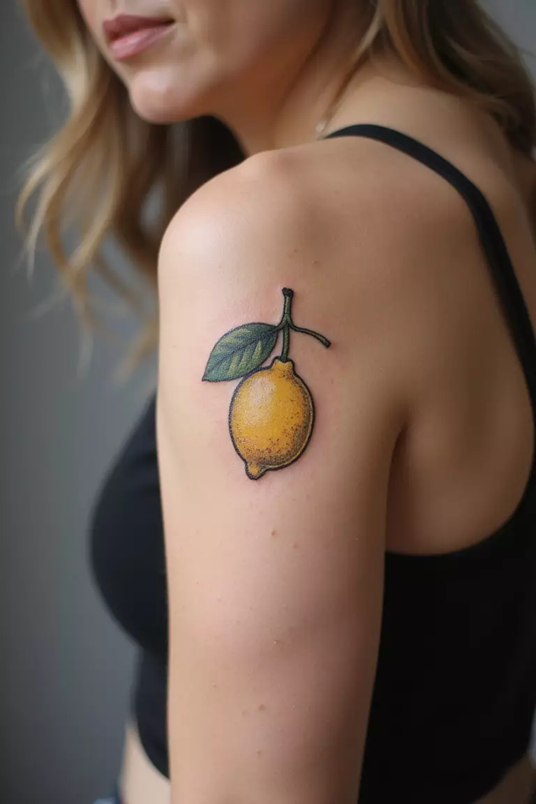 A close-up shot of a woman showing her black ink zesty lemon tattoo on her arm