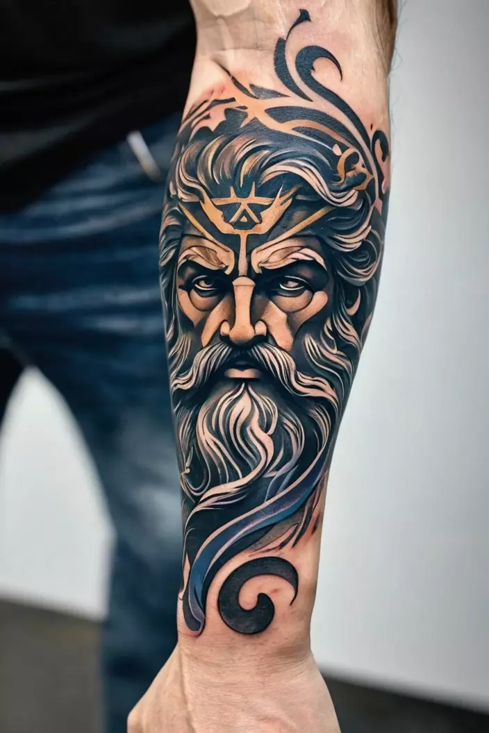 A close-up photo of a man showing his abstract Zeus tattoo on men s forearm, featuring swirling designs and modern interpretations of Zeus.  