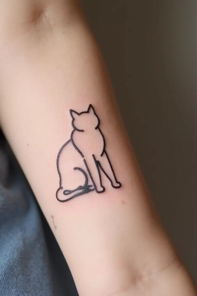 A close-up shot of a woman's arm with a black ink tattoo of a minimalist cat outline, perhaps sitting or stretching.