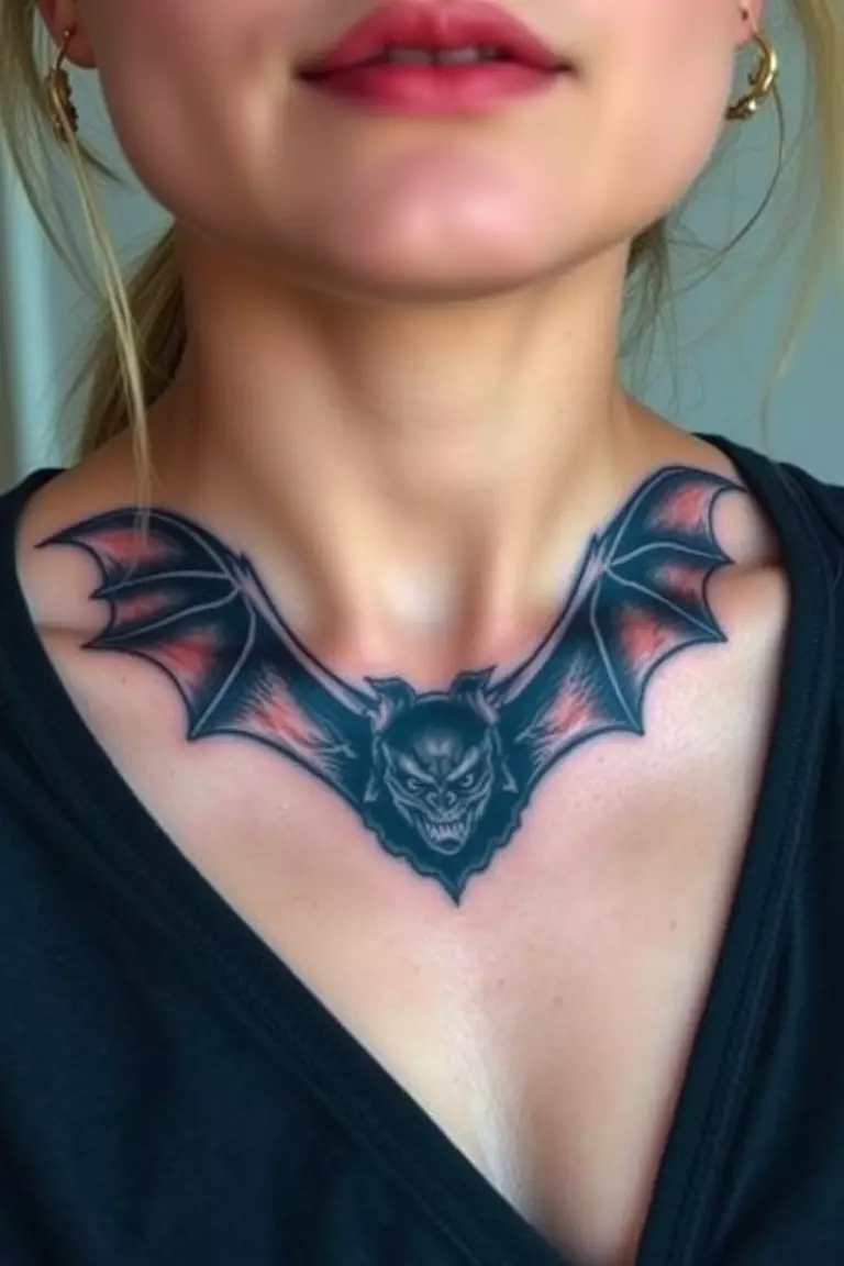 A close-up photo of a woman showing her realistic fierce-looking bat tattoo around her neck.  