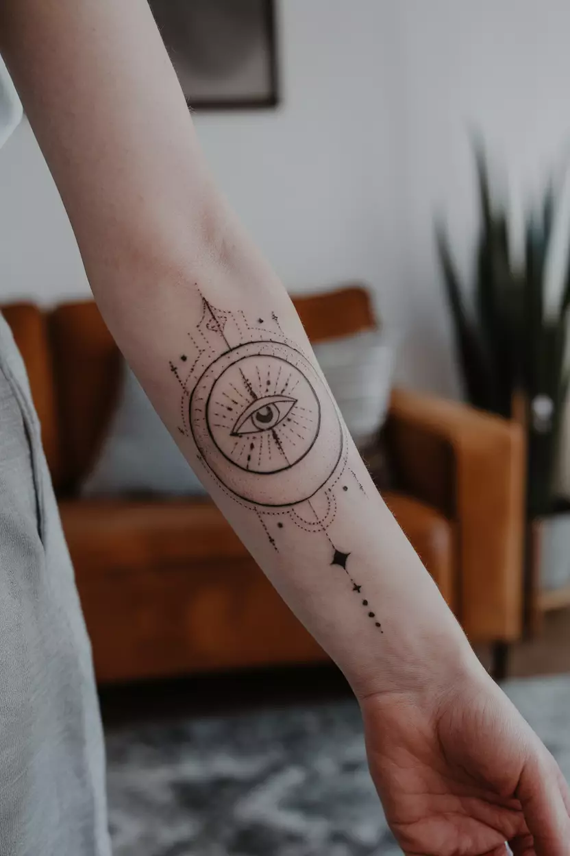 A close-up photo of a woman showing her forearm with a mystical tattoo of a crescent moon featuring a third eye in its center, tattoo design, living room background