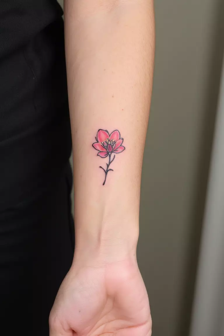 A close up shot of woman's arm with a black ink single cherry blossom with a small stem tattoo  
