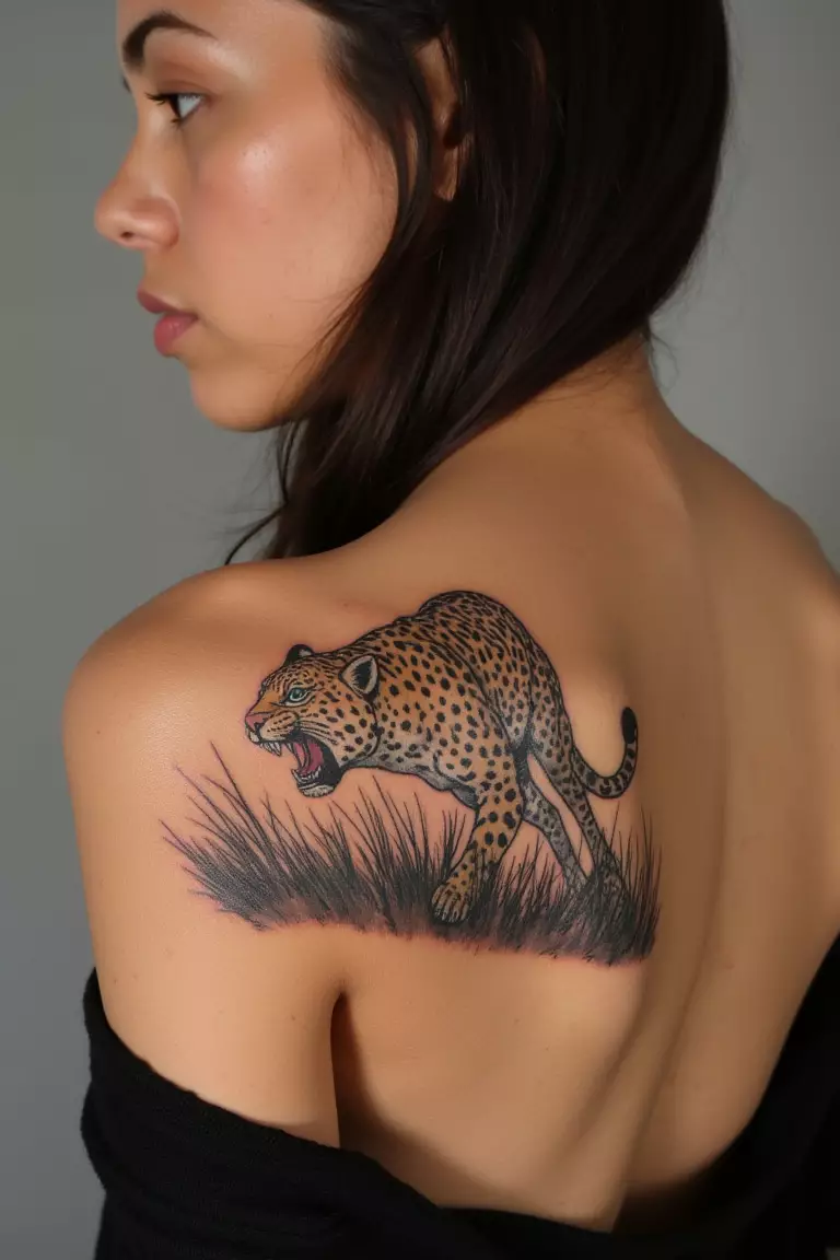 A photo of a woman showing her dynamic leopard tattoo depicting the animal running through tall grass on her shoulder