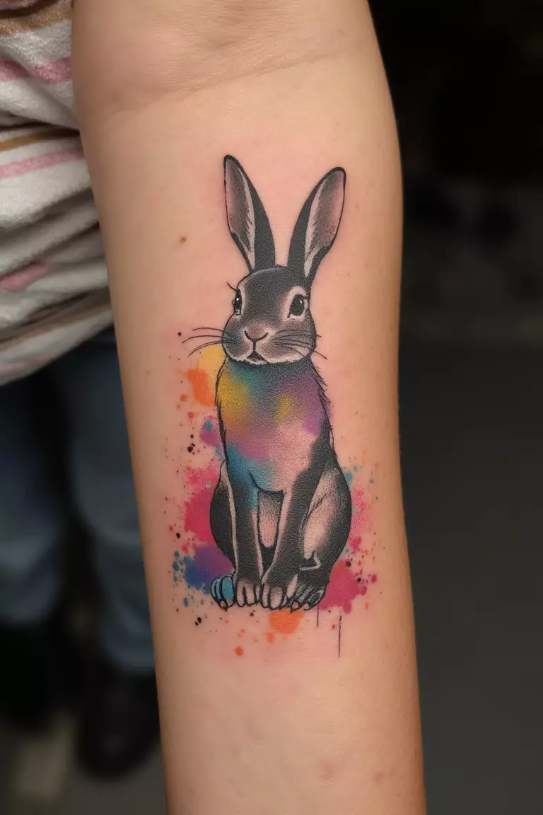 A close up shot of woman's arm with a black ink bunny with watercolor splashes tattoo  