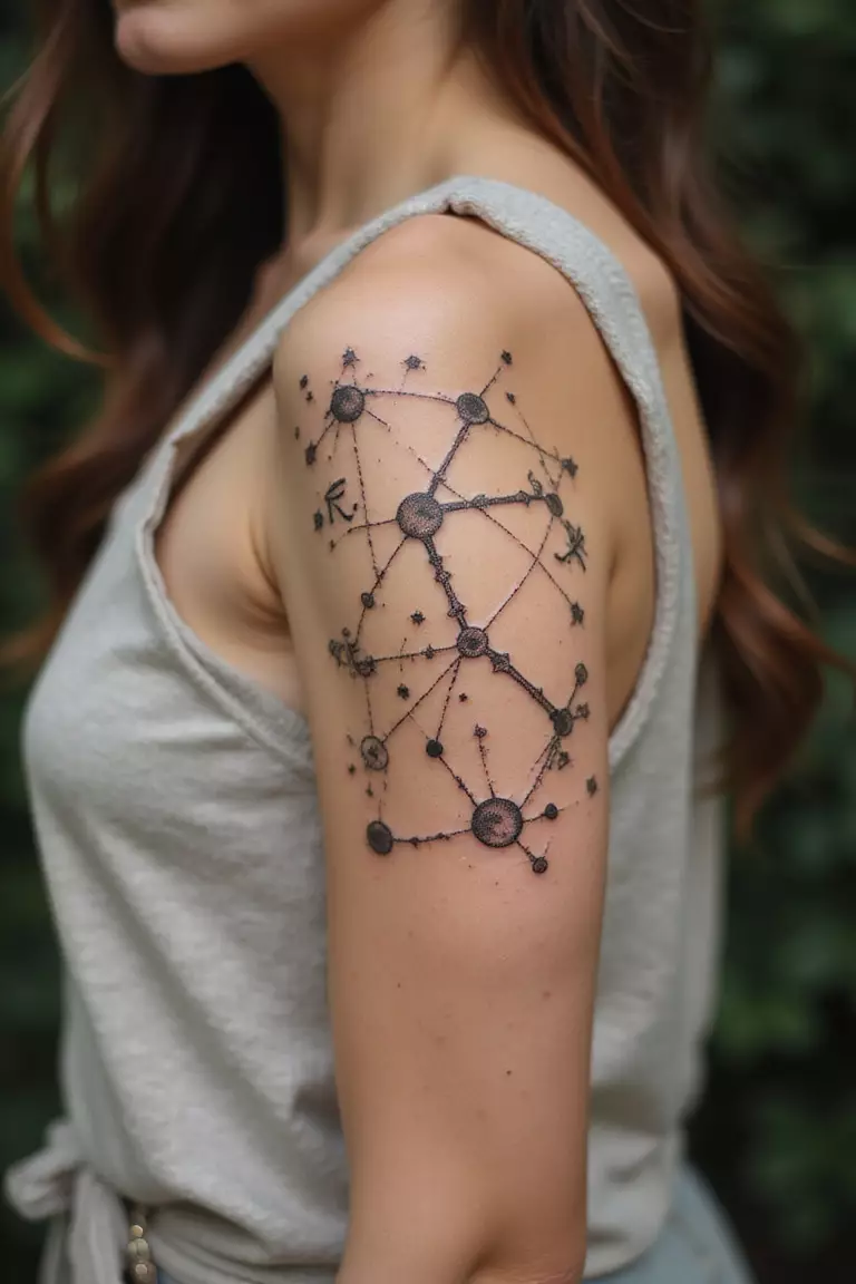 A close-up shot of a woman showing her black ink constellation map tattoo design showing her zodiac sign's star pattern on her arm