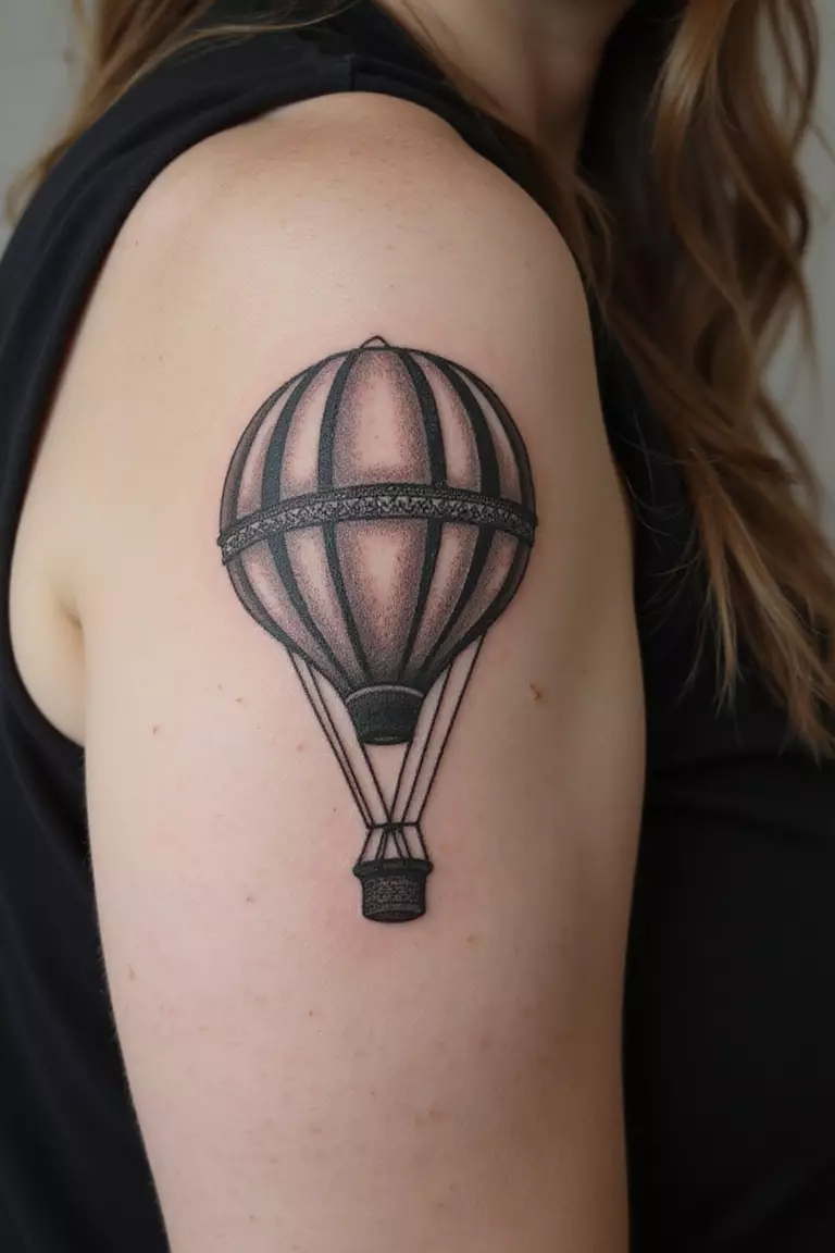 A close-up shot of a woman showing her black ink hot air balloon tattoo design on her arm