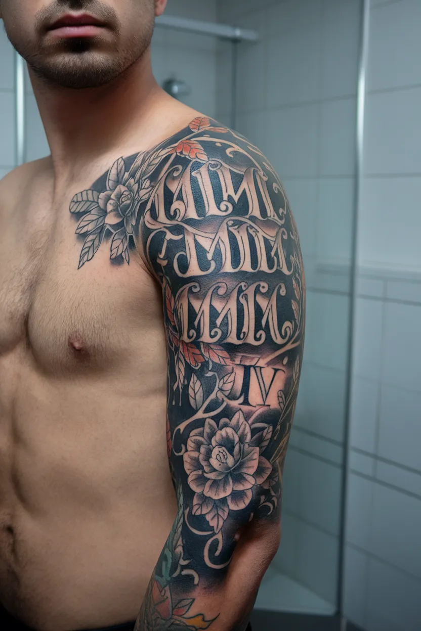 Elaborate Roman Numeral Sleeve Tattoo