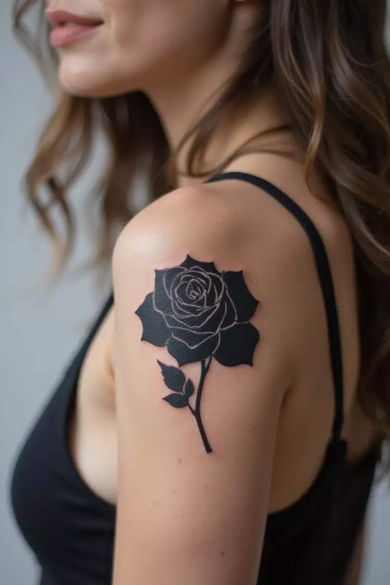 A close-up shot of a woman showing her black ink floral silhouette tattoo design of a solid black rose shape on her arm