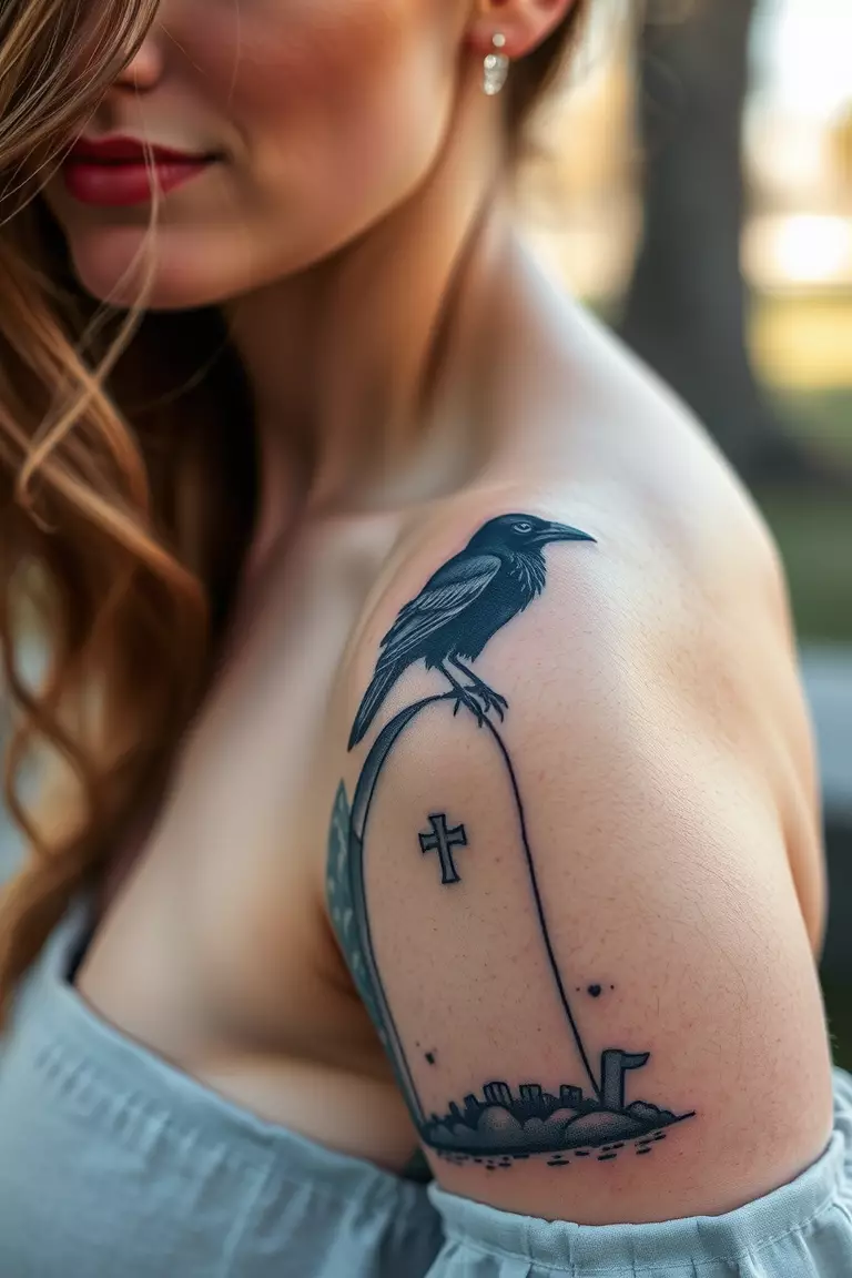 A photo of a woman with a crow sitting on a grave stone tattoo on her side, evoking a sense of remembrance and connection to the past.  