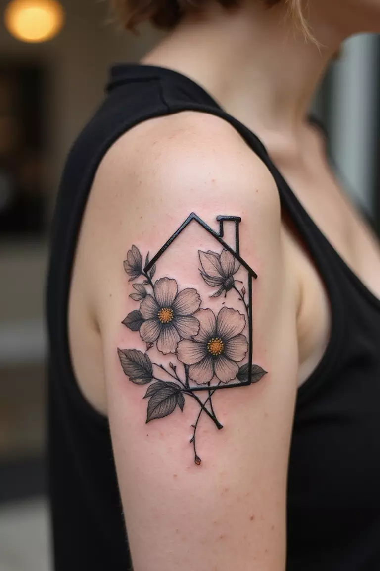 A close-up shot of a woman showing her black ink house outline with blooming flowers tattoo on her arm.