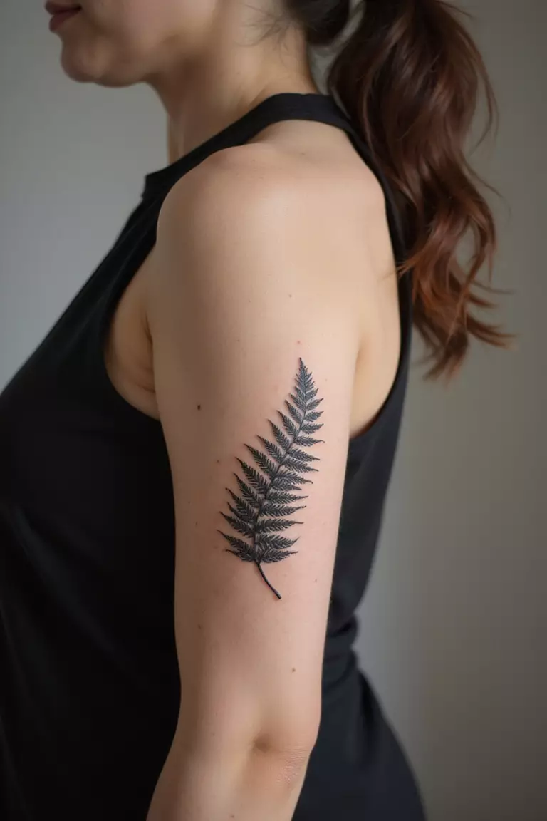 Fern Leaf Detail A close-up shot of a woman showing her black ink fern leaf detail tattoo on her arm.