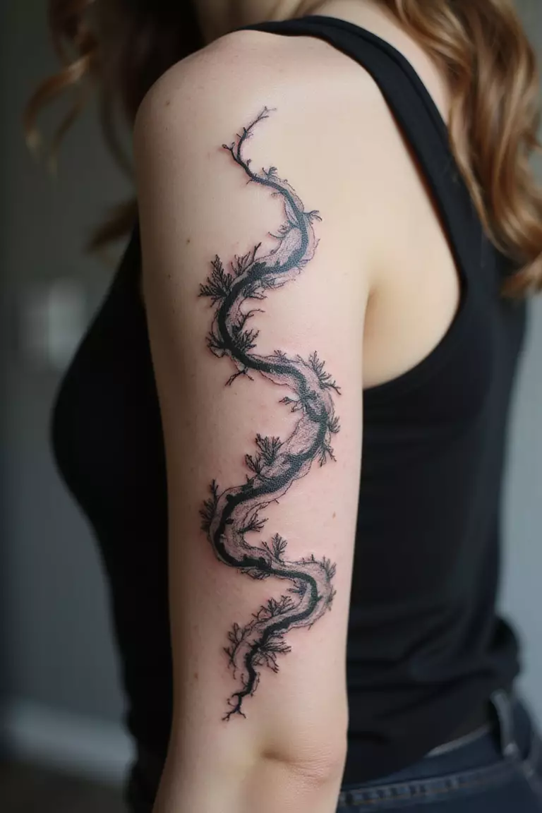 Winding River Path A close-up shot of a woman showing her black ink winding river path tattoo on her arm.