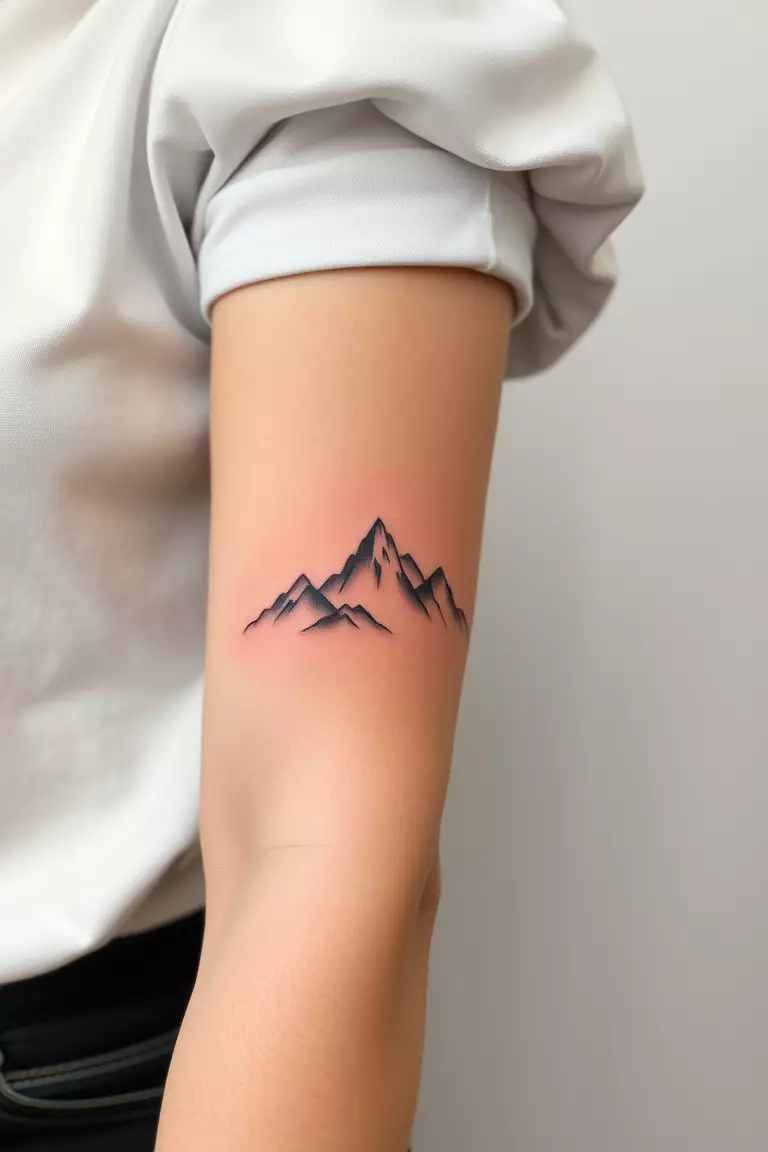 A photo of a woman with a fineline mountain tattoo elegantly etched along her forearm, featuring intricate details.  