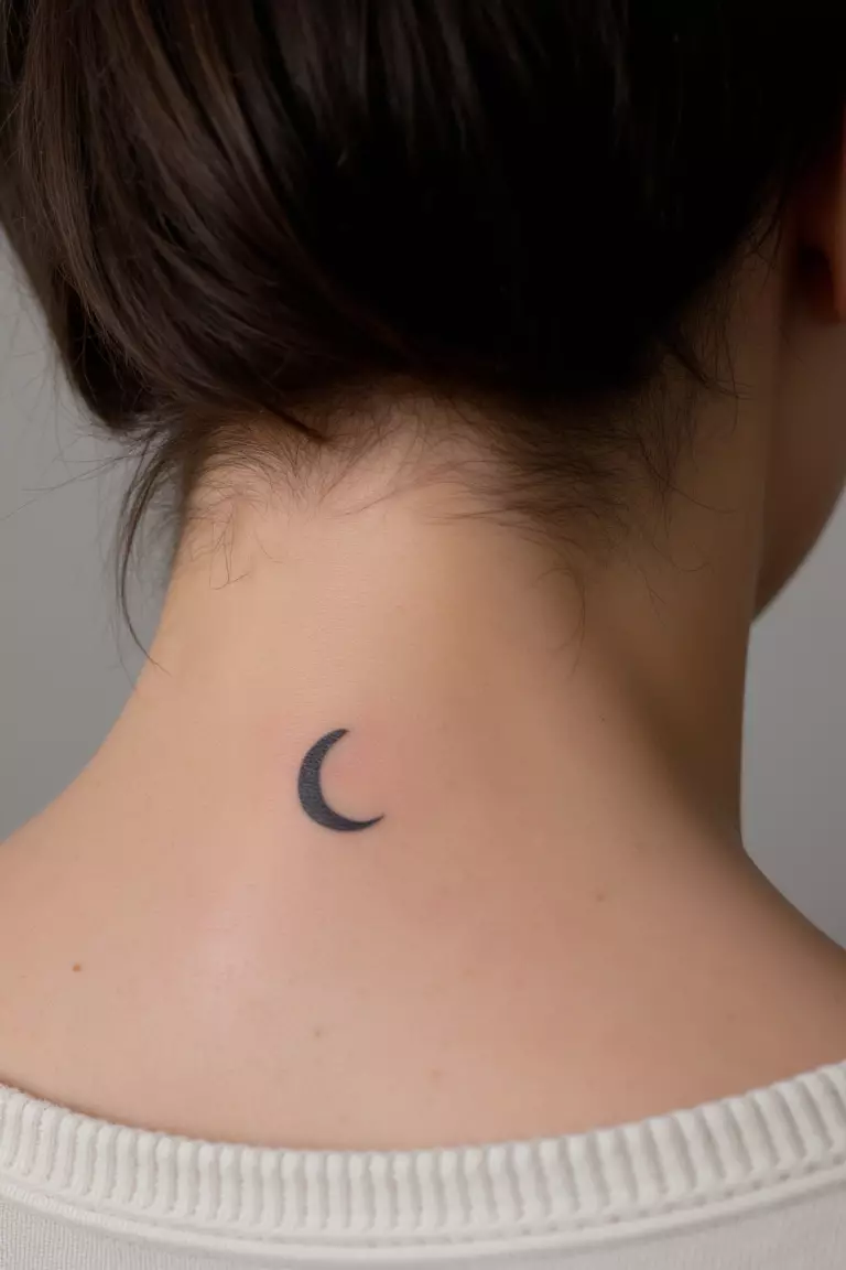A close up shot of woman's neck from the back with a black ink tiny crescent moon tattoo  