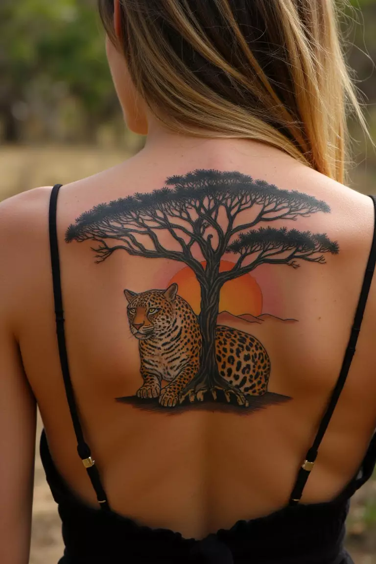 A photo of a woman showing her serene leopard tattoo lounging under a sunlit savanna tree on her back