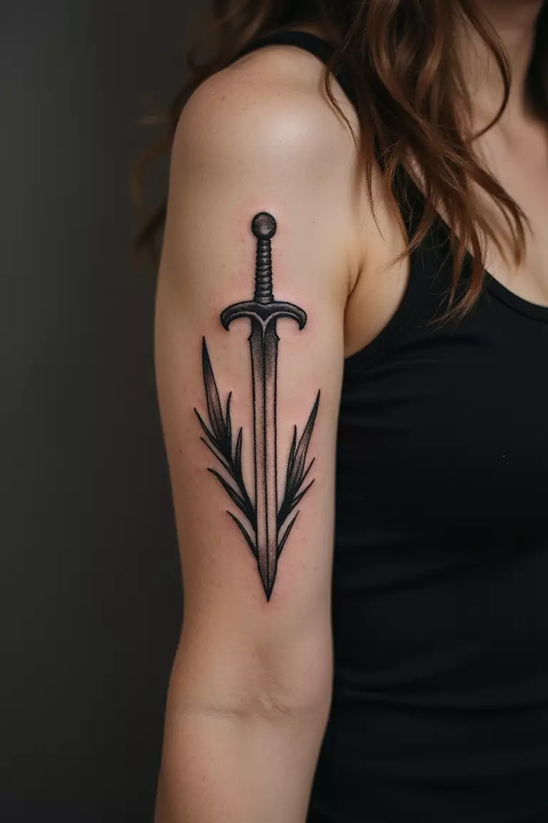 A close-up shot of a woman showing her black ink sword for courage tattoo on her arm