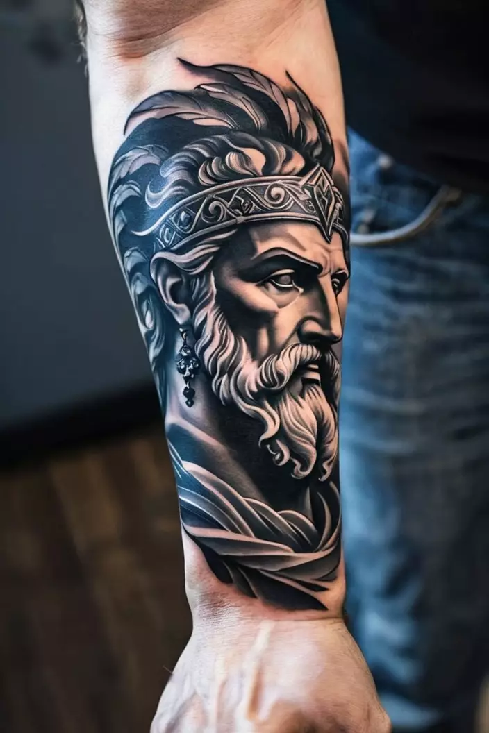 A close-up photo of a man showing his black and gray Zeus forearm tattoo for men, focusing on stunning contrasts and powerful visuals.  