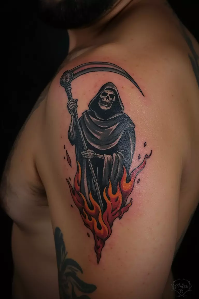 A close up shot of man's shoulder with a black ink grim reaper emerging from flames tattoo  