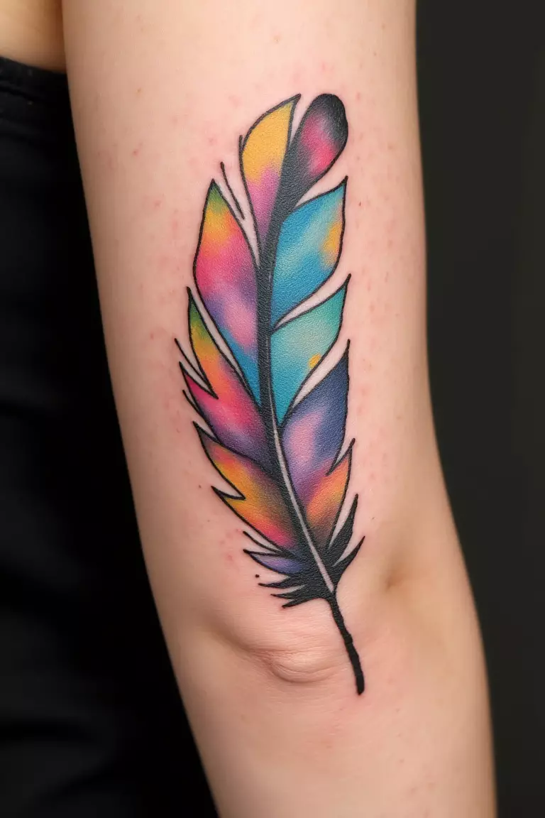 A close up shot of woman's arm with a black ink watercolor feather tattoo, vibrant colors blending seamlessly with feather outline