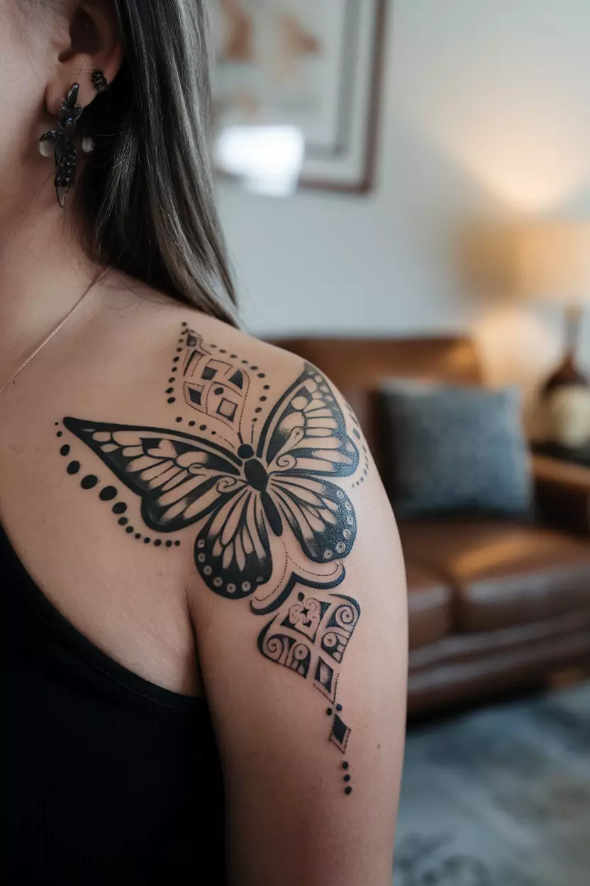 A close-up photo of a woman showing her tribal black butterfly tattoo with intricate patterns and shapes, representing strength and cultural heritage, tattoo design, living room background