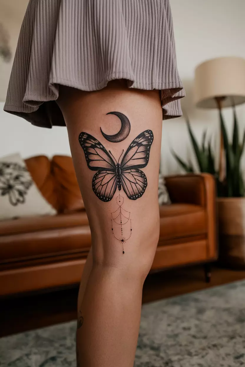 A close-up photo of a woman showing her tattoo of a butterfly with a small moon, tattoo design, living room background