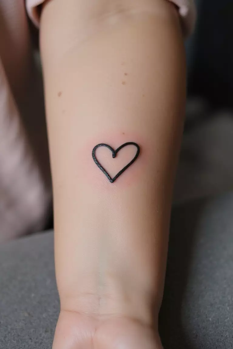 A close-up shot of a woman's arm with a black ink tattoo of a tiny, simple heart outline.