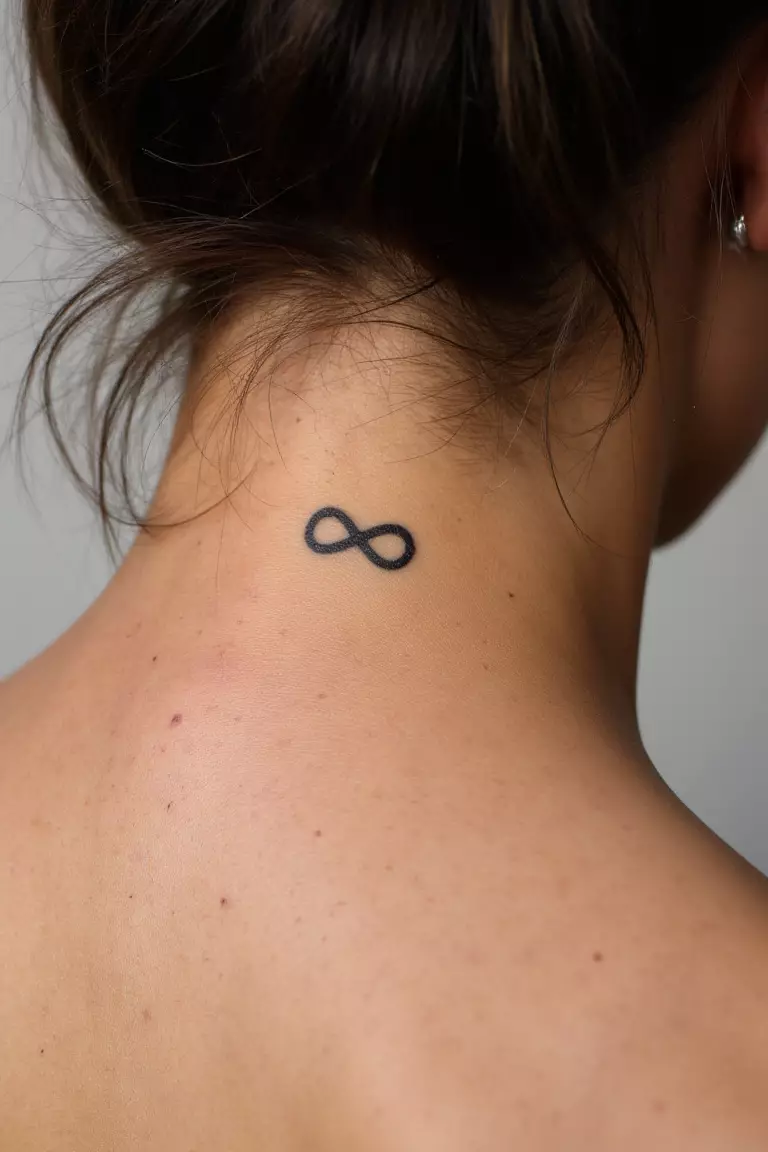 A close up shot of woman's neck from the back with a black ink tiny infinity symbol tattoo  