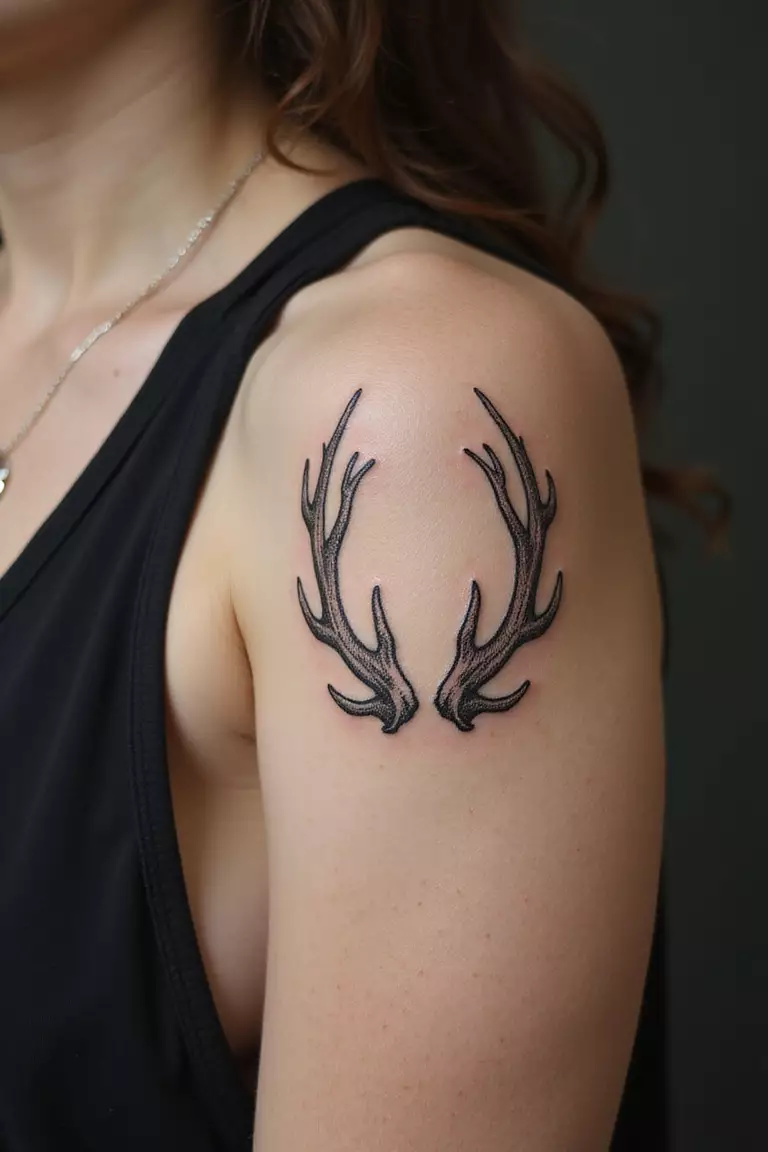 Antlers Outline A close-up shot of a woman showing her black ink antlers outline tattoo on her arm.