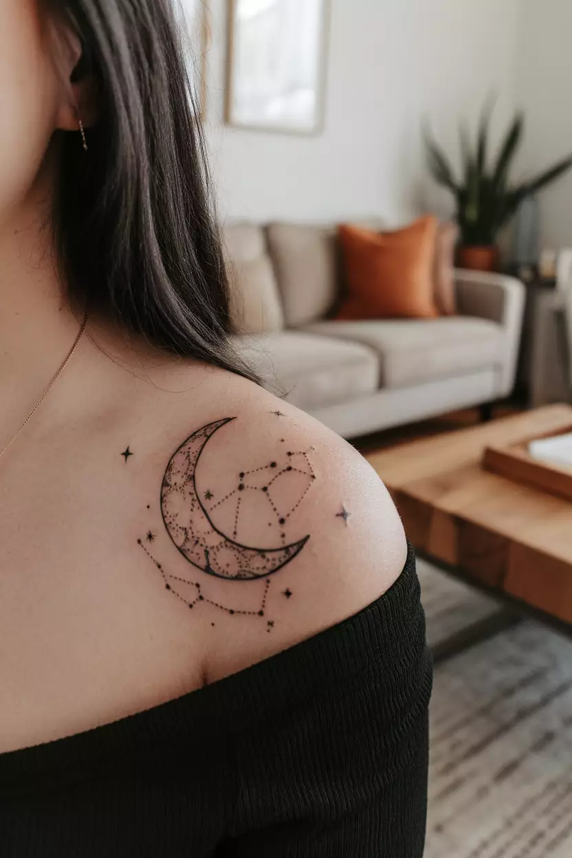 A close-up photo of a woman showing her collarbone with a crescent moon tattoo filled with delicate constellation patterns, tattoo design, living room background