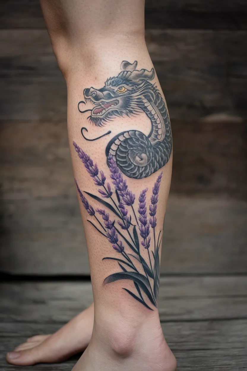 Lavender and Dragon Calf Tattoo