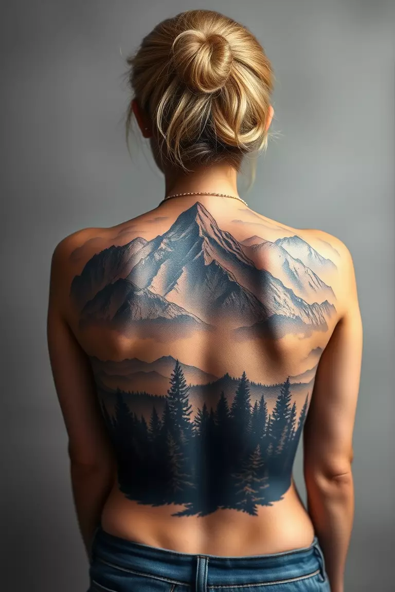 A photo of a woman with a large mountain tattoo across her back, depicting a vast landscape with forests and clouds.  