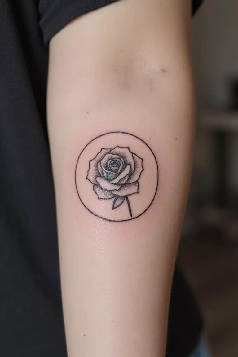 A close-up shot of a woman showing her black ink simple rose outline tattoo inside a circle shape on her arm.