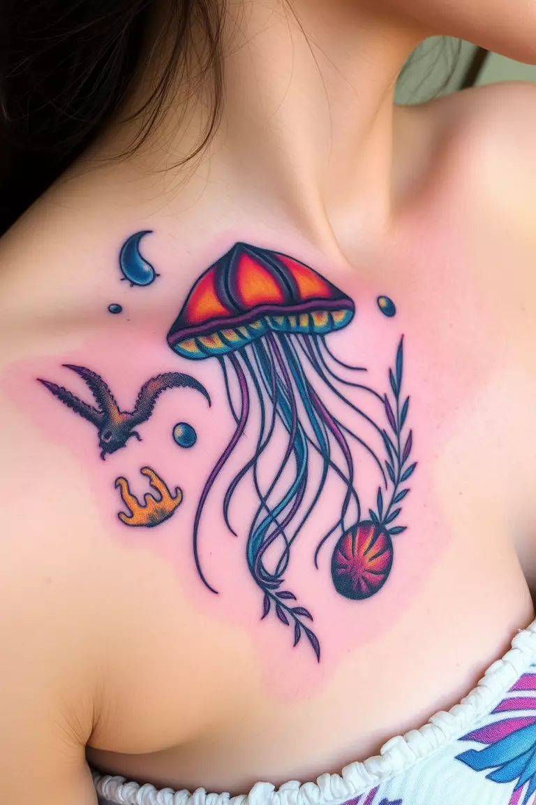 A close-up photo of a woman showing her vibrant jellyfish with ocean life surroundings tattoo design.