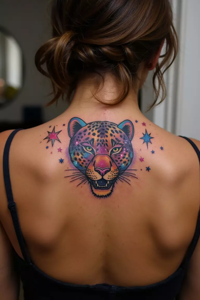 A photo of a woman showing her cosmic leopard tattoo with galaxy-themed spots containing nebulas and stars on her shoulder