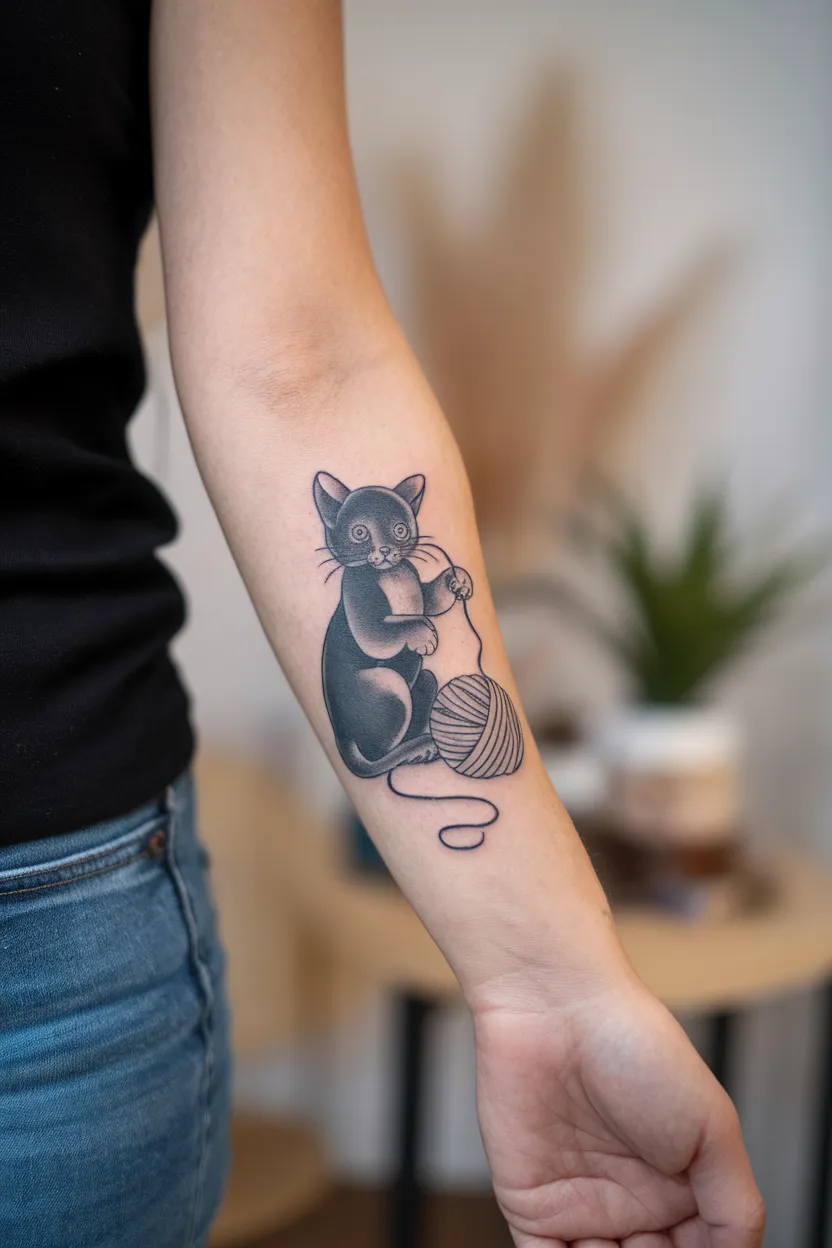 Playful Black Kitten With Yarn