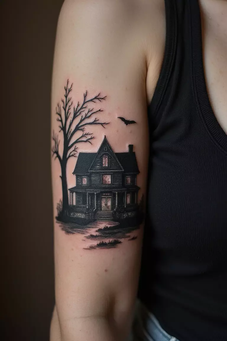 A close up shot of woman's arm with a black ink tattoo of a haunted house.