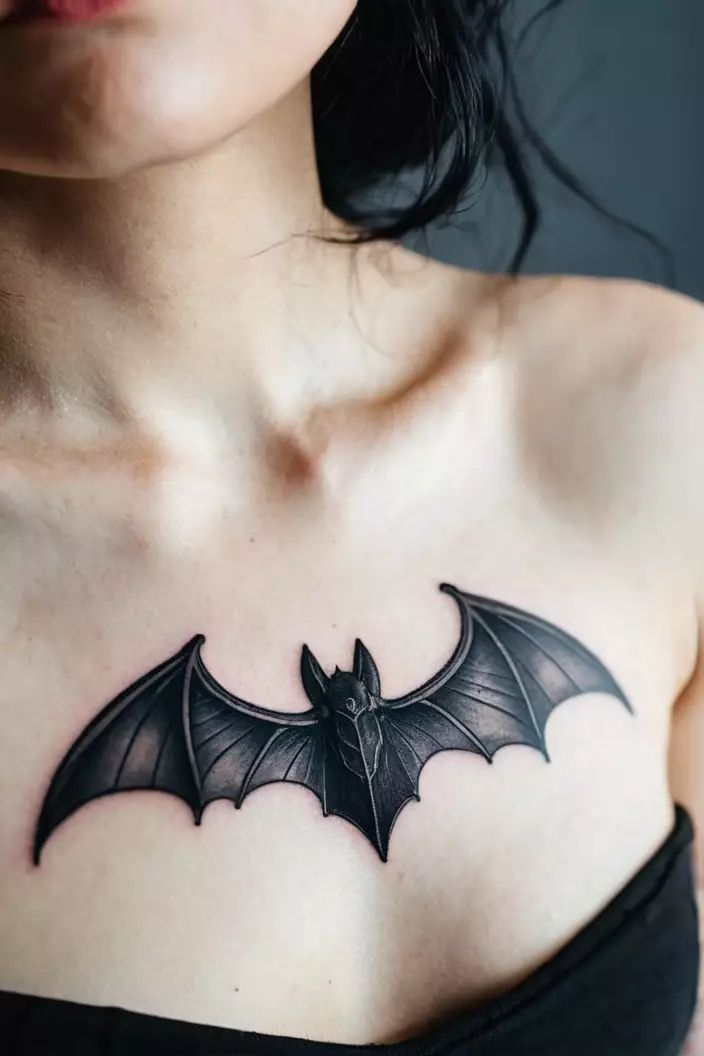 A close-up photo of a woman showing her mysterious blackwork bat tattoo, featuring hidden elements, on her chest.  