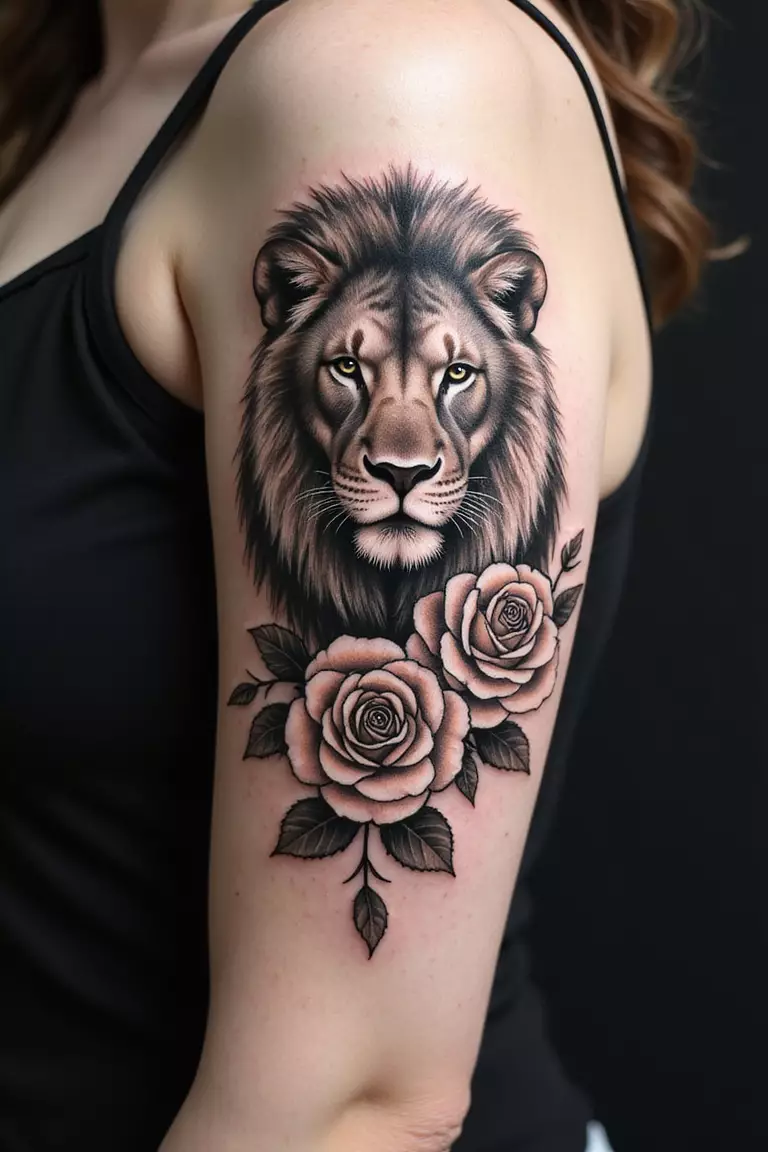 A close-up shot of a woman's arm with a black ink tattoo of a lion's face intertwined with blooming roses and leaves.
