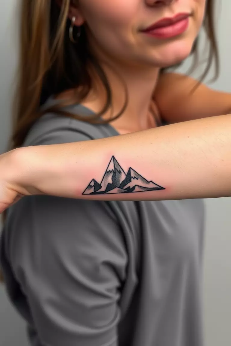 A photo of a woman with a geometric mountain tattoo on her forearm.  
