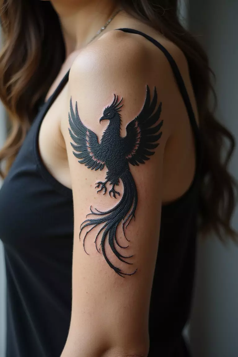 A close-up shot of a woman showing her black ink powerful phoenix tattoo on her arm